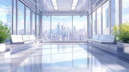 A modern, bright interior with panoramic city views and minimalist design.