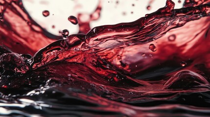 Dynamic red wine splash with droplets on a clean white background showcasing fluid movement and rich textures in beverage photography