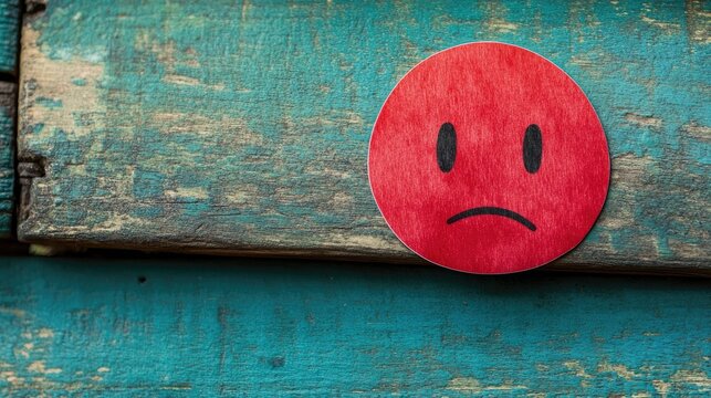 Dissatisfied customer feedback represented by a red sad face sticker on a rustic wooden background conveying negative review sentiments