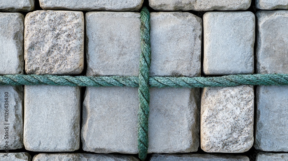 Poster close up view of gray rectangle pavers with green rope creating a textured background ideal for desi