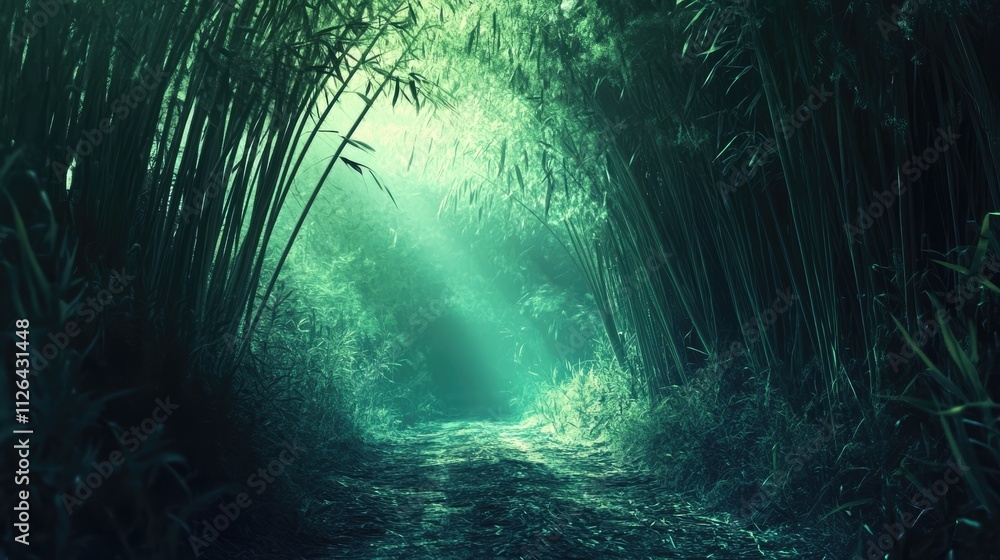 Poster mystical bamboo forest pathway with sunlight filtering through lush greenery creating an enchanting 