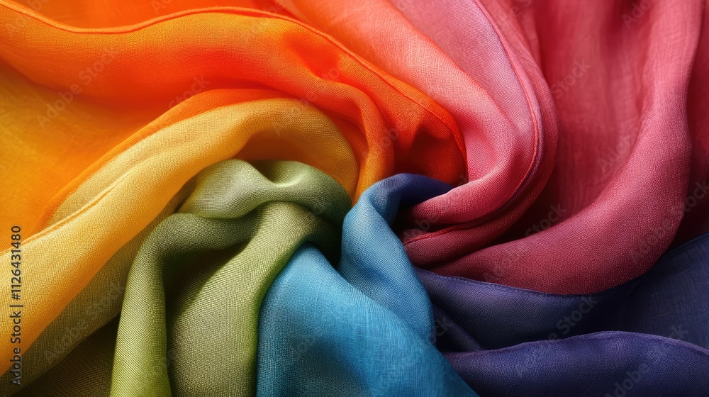 Poster vibrant assortment of colored silk fabrics arranged in a swirling pattern showcasing a spectrum of h