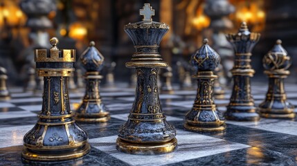ornate chess pieces on an intricately designed chessboard with a blurred background creating an elegant atmosphere