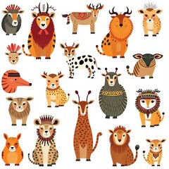 Adorable Cartoon Animals in Tribal-Inspired Designs