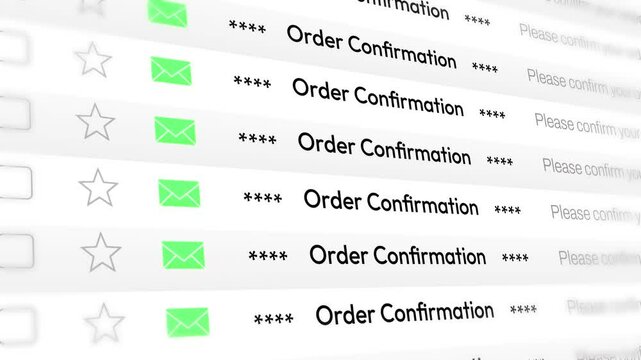 Online order confirmation email list scrolling on screen, 4k animation with green sign and text