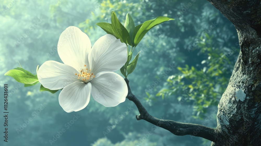 Aufkleber magnolia blossom on tree branch with lush green leaves in serene natural setting with soft sunlight 