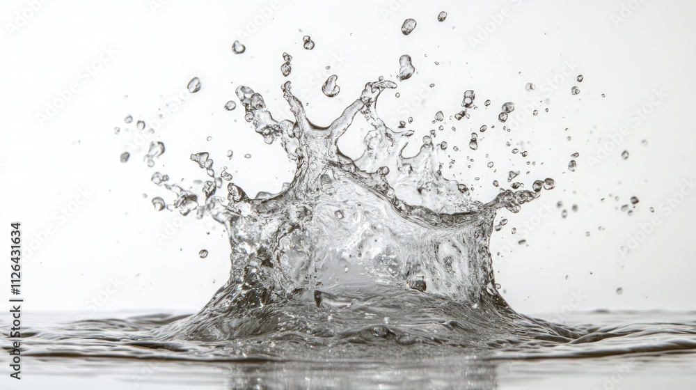 Poster dramatic water splash creating dynamic shapes against a clean white background for artistic and comm