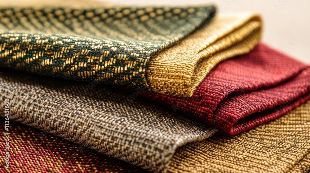 Poster textured fabric display showcasing intricate thread combinations in rich colors and patterns for des