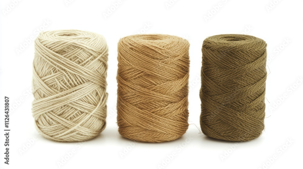 Poster three spools of sewing threads in neutral colors isolated on a clean white background suitable for c