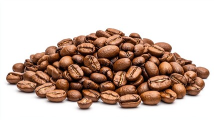 A photostock of scattered roasted coffee beans on a bright white background, highlighting rich textures and colors, ideal for caffeine and coffee-related themes. High Quality