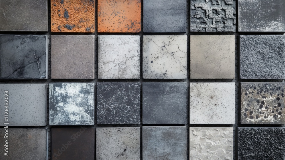 Poster collection of concrete and ceramic tile samples in square shapes showcasing various textures isolate