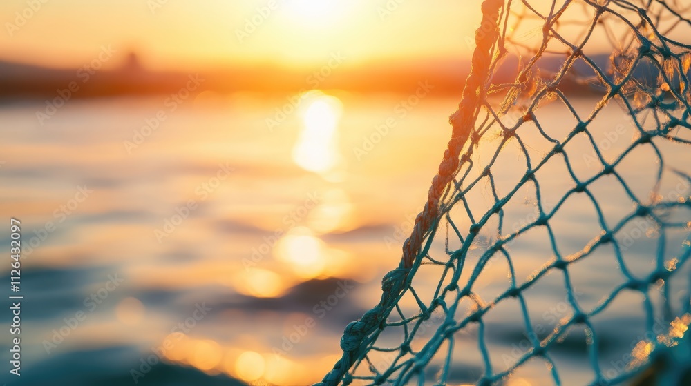 Poster sunset over water with a close-up of a fishing net creating a serene, nature-inspired scene highligh