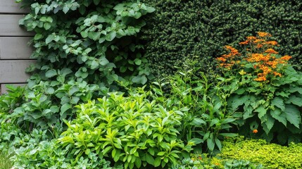 Lush green plants and vibrant flowers enhance the natural beauty of a well-maintained front yard garden setting.