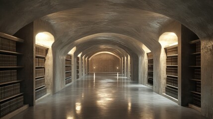 Naklejka premium Architectural interior of a vintage storage vault showcasing rows of bookshelves in a dimly lit arched corridor with a polished concrete floor.