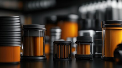 Set of automotive filters and engine oil for servicing new vehicles at a professional dealership garage environment