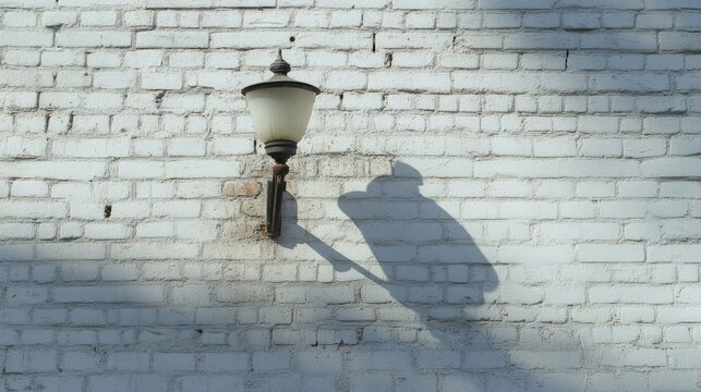 Vintage street lamp casting a shadow on a textured white brick wall in an urban cityscape setting - Powered by Adobe