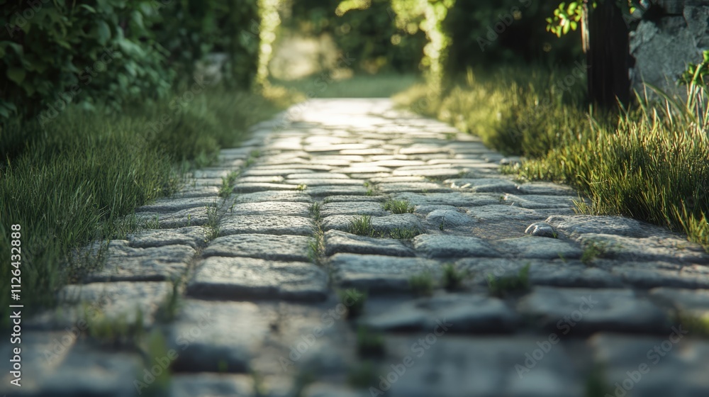 Poster cobblestone pathway surrounded by greenery with sunlight filtering through trees creating a serene o