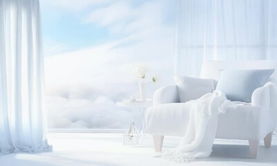 Light-filled room concept, using white and silver satin texture for an uplifting atmosphere.