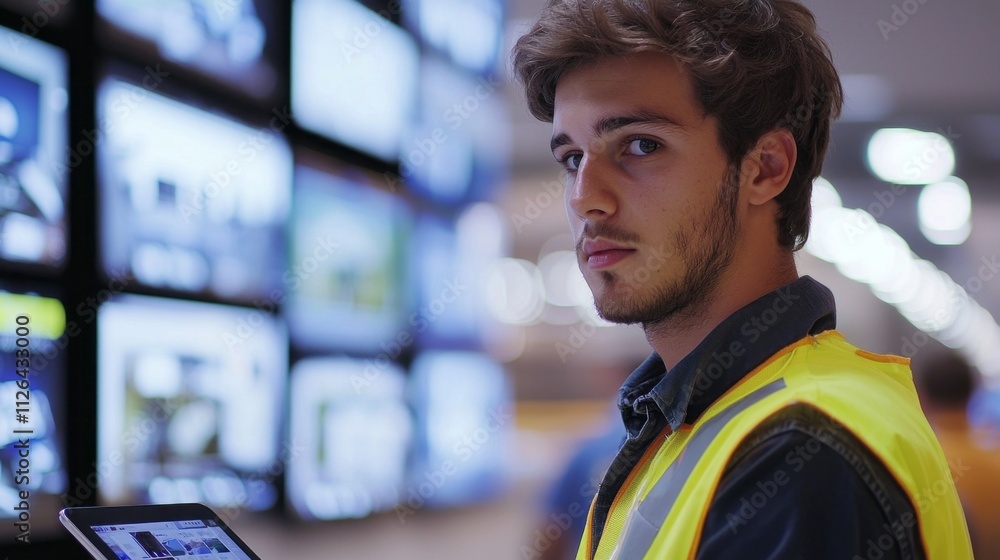 Leinwandbilder a man in a bright yellow vest intently studies a tablet in a bustling control center. bright screens