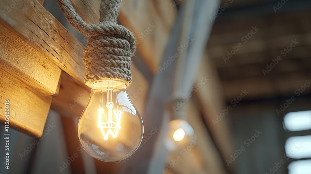 Poster energy-efficient bulb suspended by a rope on a rustic wooden structure in a cozy ambient setting wit