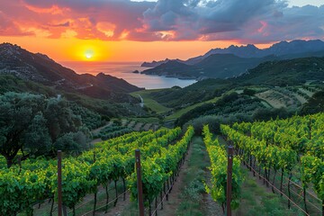 Naklejka premium Scenic Vineyard Landscape at Sunset over Coastal Hills and Ocean View