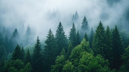 Obraz premium mystical forest landscape with diverse green trees shrouded in mist during cloudy rainy weather showcasing nature's tranquility