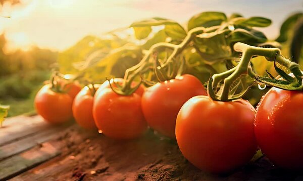 Ripe tomatoes against a background of golden tomato fields create a harmonious combination of crops in the countryside.