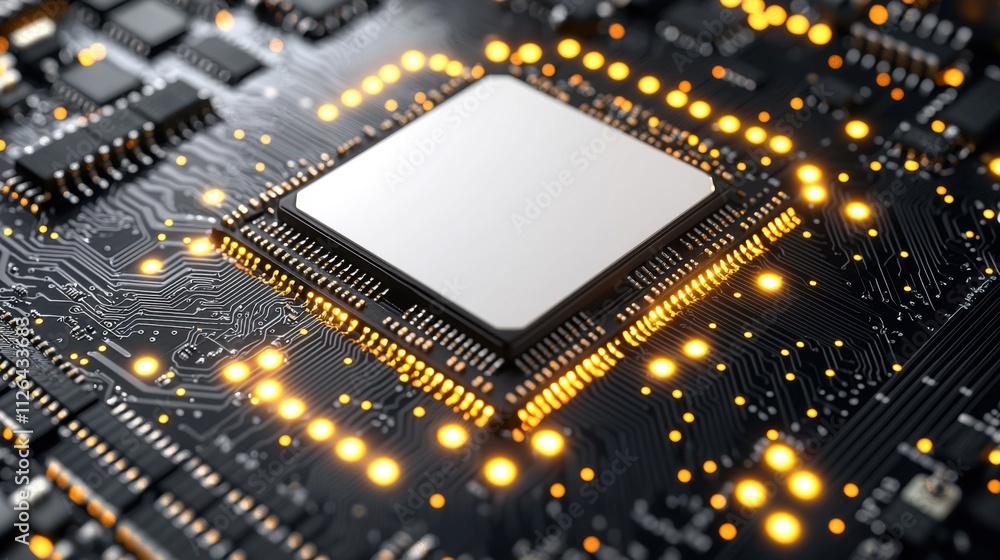 Aufkleber illuminated microchip cpu on circuit board technology background