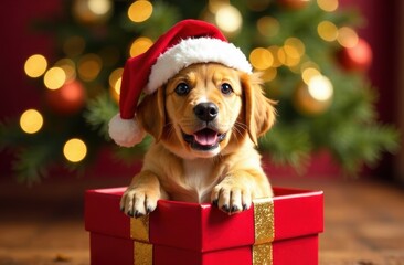 Cute little puppy in Santa Claus hat sitting in a red gift box in next to a Christmas tree. Merry Christmas.