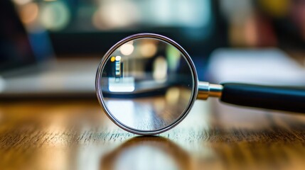 Magnifying glass focused on a search interface symbolizing data analysis and digital investigation on a wooden table surface.