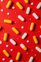 A red background with a pattern of yellow and white pills scattered around