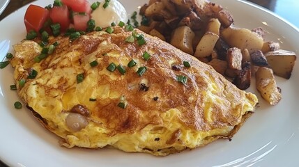 Delicious omelet served with diced potatoes and fresh vegetables on a white plate for a hearty breakfast meal