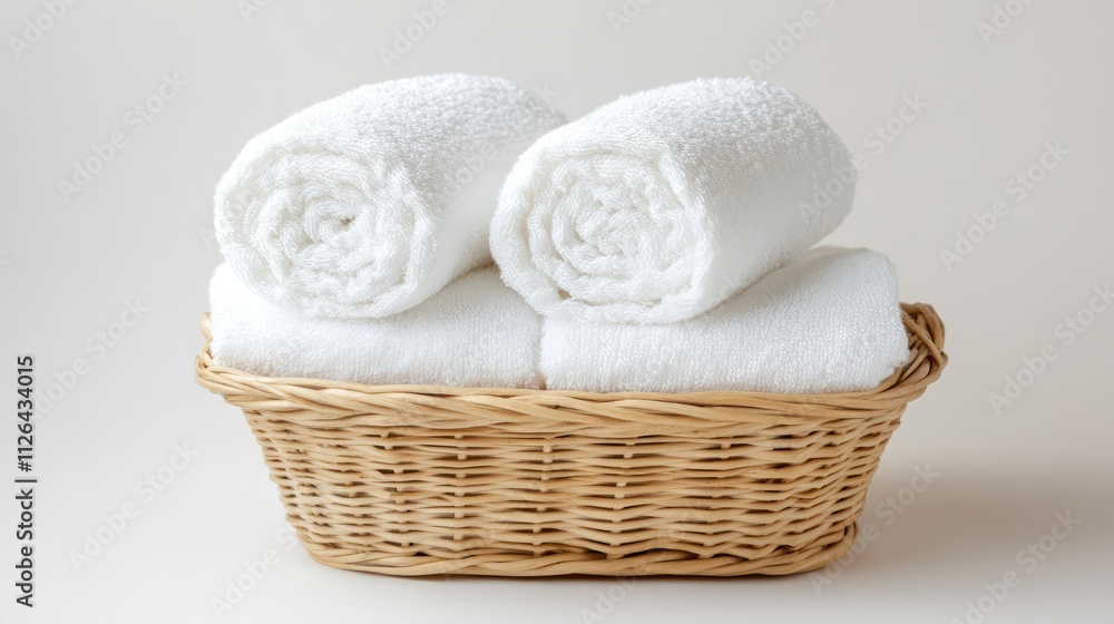 Poster rolled white towels neatly arranged in a wicker basket on a minimalist white table with ample copy s