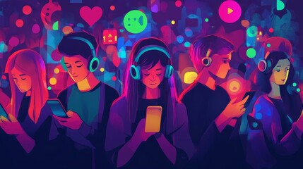 Vibrant digital art; people, headphones, phones, glowing shapes.