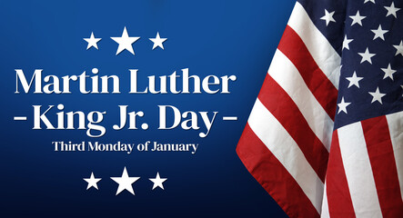Third Monday of January is celebrated as Martin Luther King Jr. Day in the United States of America. Civil rights day celebration concept background with flag on the side