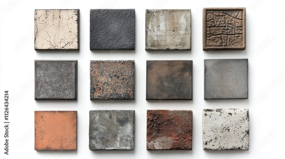 Poster assorted concrete and ceramic tile samples in square shape displayed on white background for interio