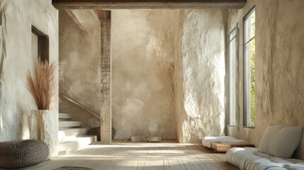 Interior view of an insulated house with newly plastered walls, natural light streaming through large windows, showcasing minimalistic decor and a warm, inviting atmosphere, home interior, modern desi
