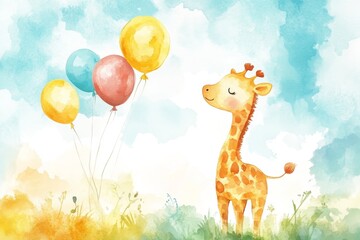 Obraz premium Joyful Giraffe and Balloons Amidst Watercolor Sky. Cute Nursery Art. Watercolor Nursery Illustration.
