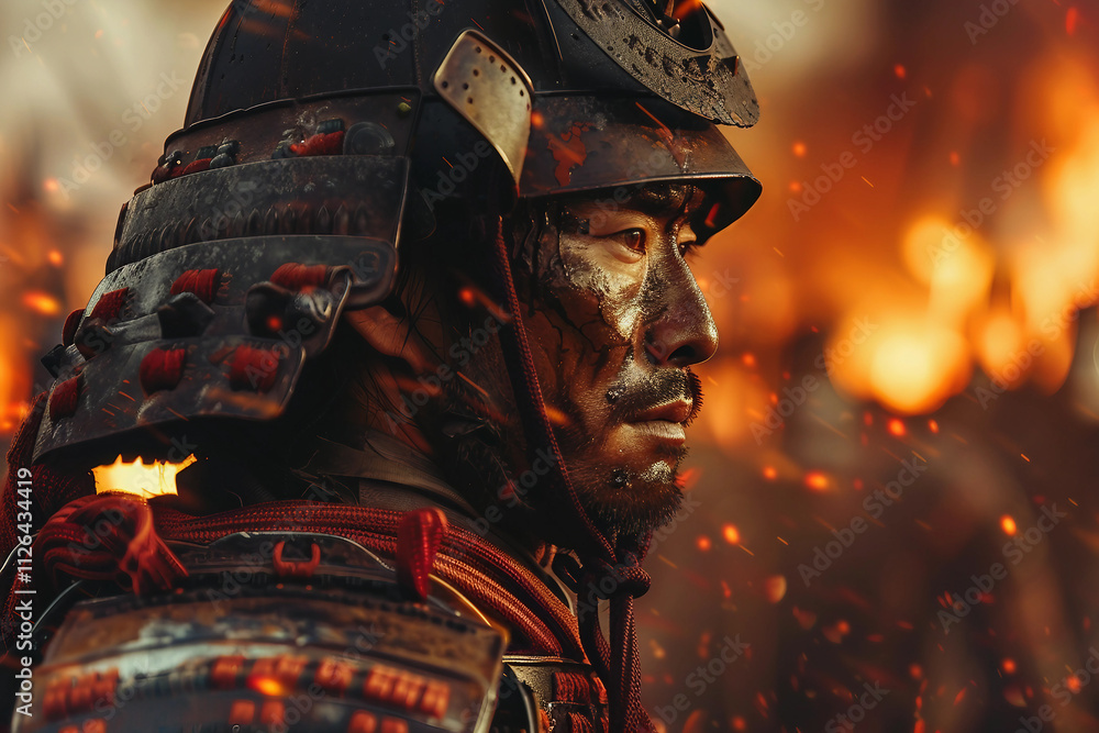 Poster portrait of a samurai in armor in attack position ai generative