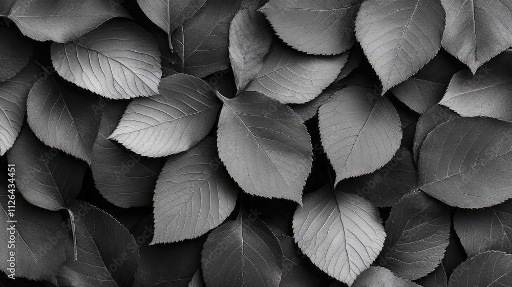 Poster monochromatic close-up of layered leaves creating a textured black and white background for elegant 