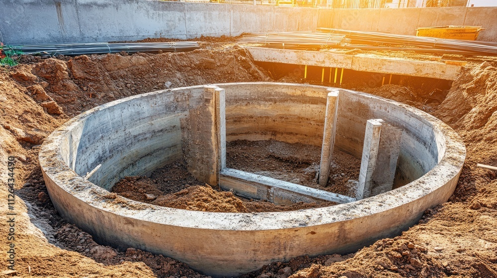 Poster construction site foundation preparation with circular concrete structure and rebar reinforcement fo