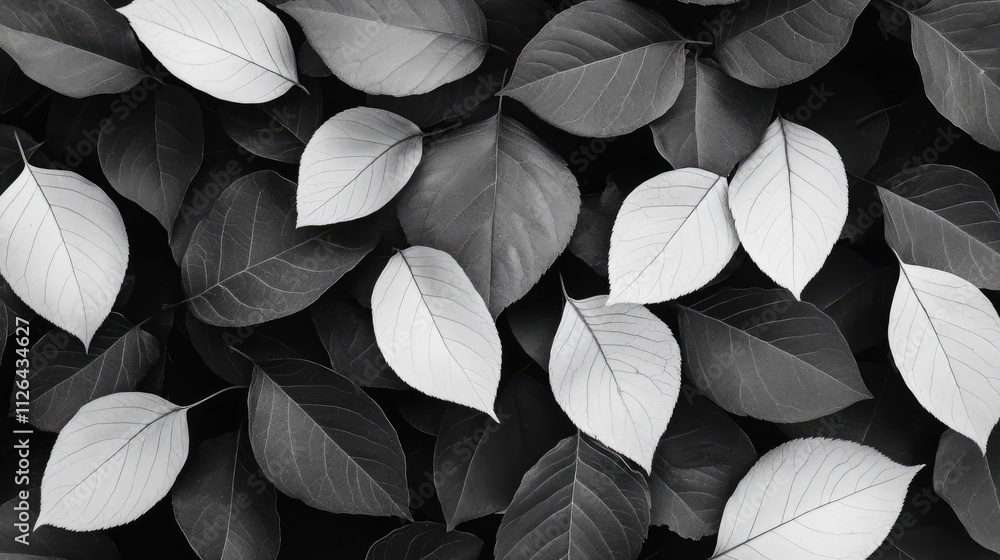 Poster black and white leaves on dark background creating a calm and elegant natural texture pattern for cr