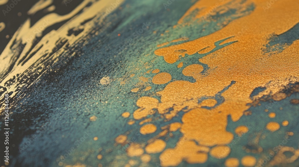 Poster modern abstract painting with gold and blue color splashes creating a dynamic artistic pattern on ca