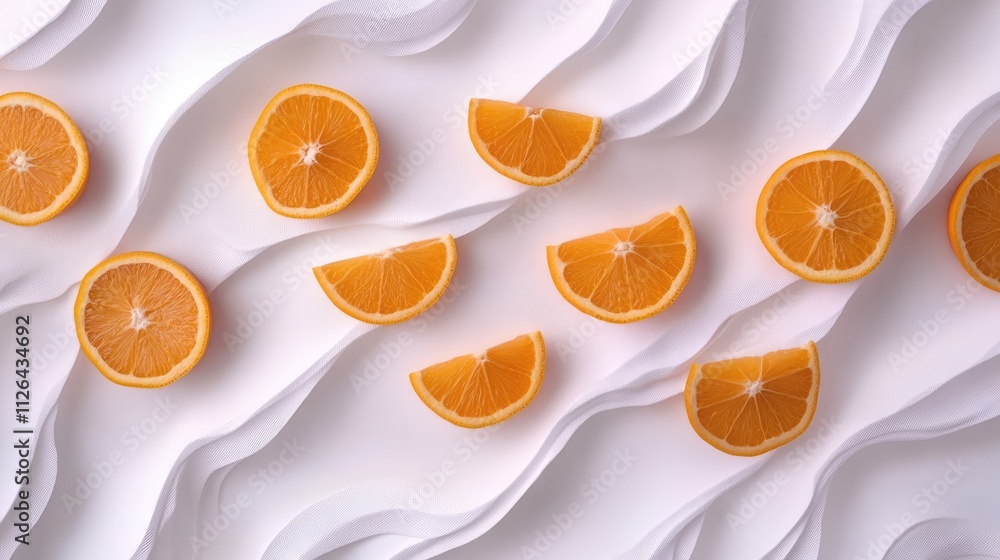 Poster freshly sliced orange segments artfully arranged on a textured white background for a vibrant and re