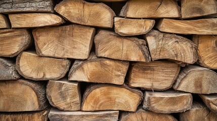 Fototapeta premium Wooden logs stacked neatly creating a textured background showcasing natural earth tones and patterns of cut timber.