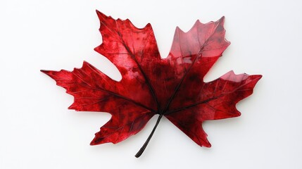 Vibrant red maple leaf showcasing intricate details and moisture for a striking autumn aesthetic on a clean white background