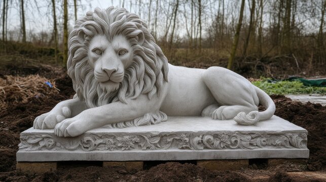 Lifelike stone lion statue resting on ornamental base surrounded by natural scenery