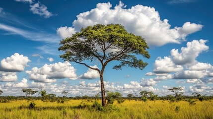 Cerrado landscape featuring a solitary tree against a blue sky and fluffy clouds amidst golden grasses and vibrant undergrowth.