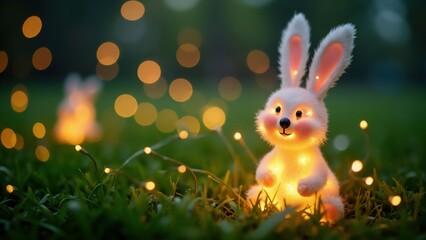 Glowing easter bunny sitting in green grass at night