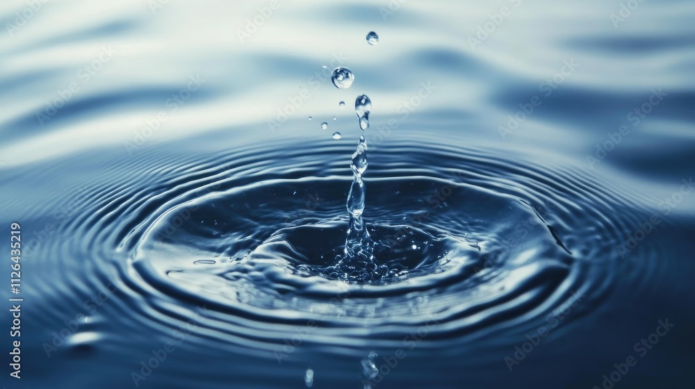 Poster moving water surface with water droplets creating ripples and abstract reflections in a serene blue 